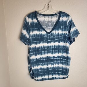 Lane Bryant Women's Tie-Dye Top Blue And White with V-Neck and Ruched Sides